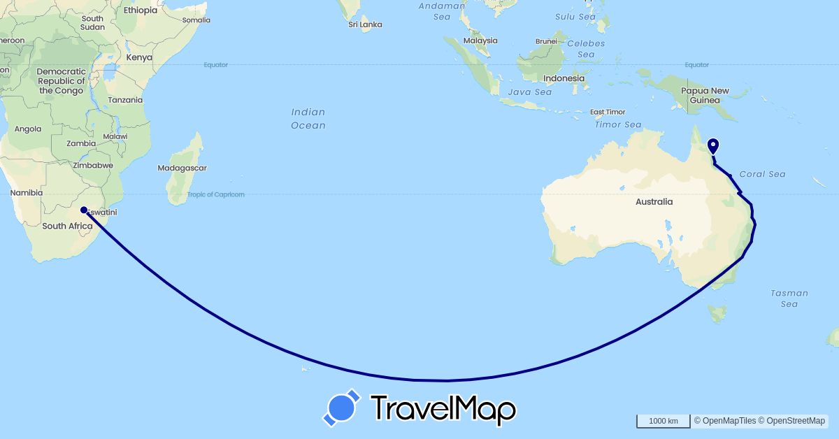 TravelMap itinerary: driving in Australia, South Africa (Africa, Oceania)